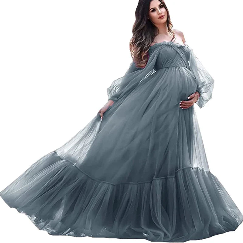 nvxiot - Puffy Sleeve Maternity Dress Tulle Robe With Underskirt for Photoshoot Off Shoulder Pregnancy Baby Shower Gown