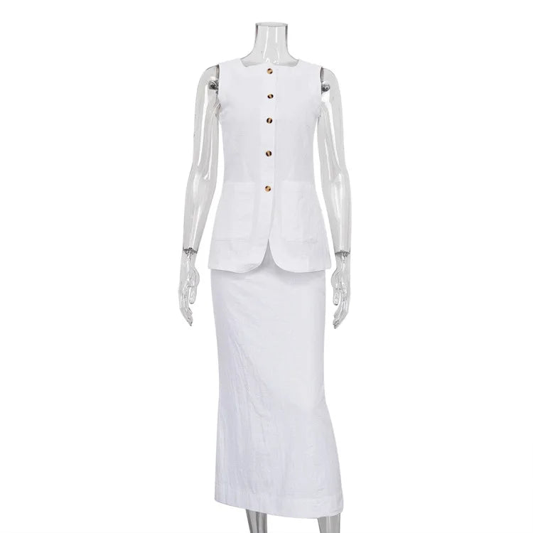 MQTIME - Women Vintage Buttons Vest Set Fashion Sleeveless Square Collar Waistcoat Blouse White High Waisted Skirt Commuting Work Clothes