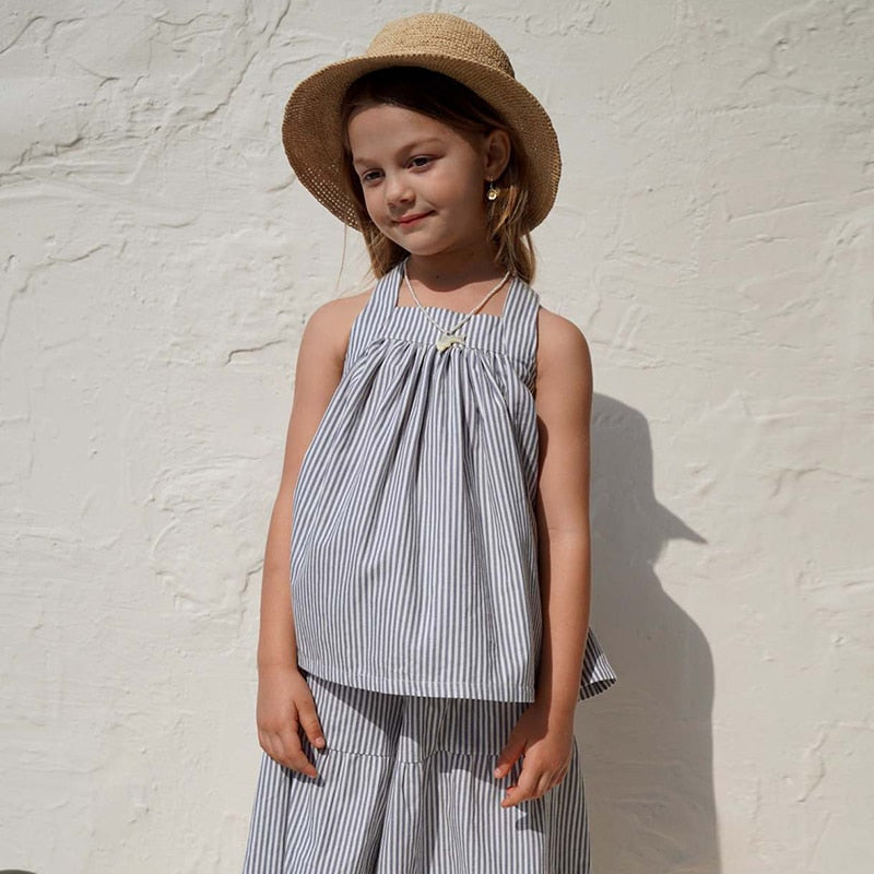Retro Girls Summer Striped Suit 2022 New Baby Girl Cotton Casual Tops + Loose Wide Leg Pants Children's Clothing TZ140