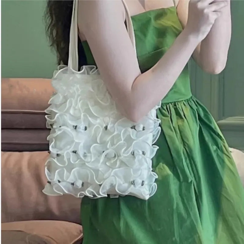nvxiot - Fairy Core Lace Y2k Shoulder Bags Women Vintage Harajuku Folds Chic White Underarm Bag Ladies Retro Handbag Aesthetic