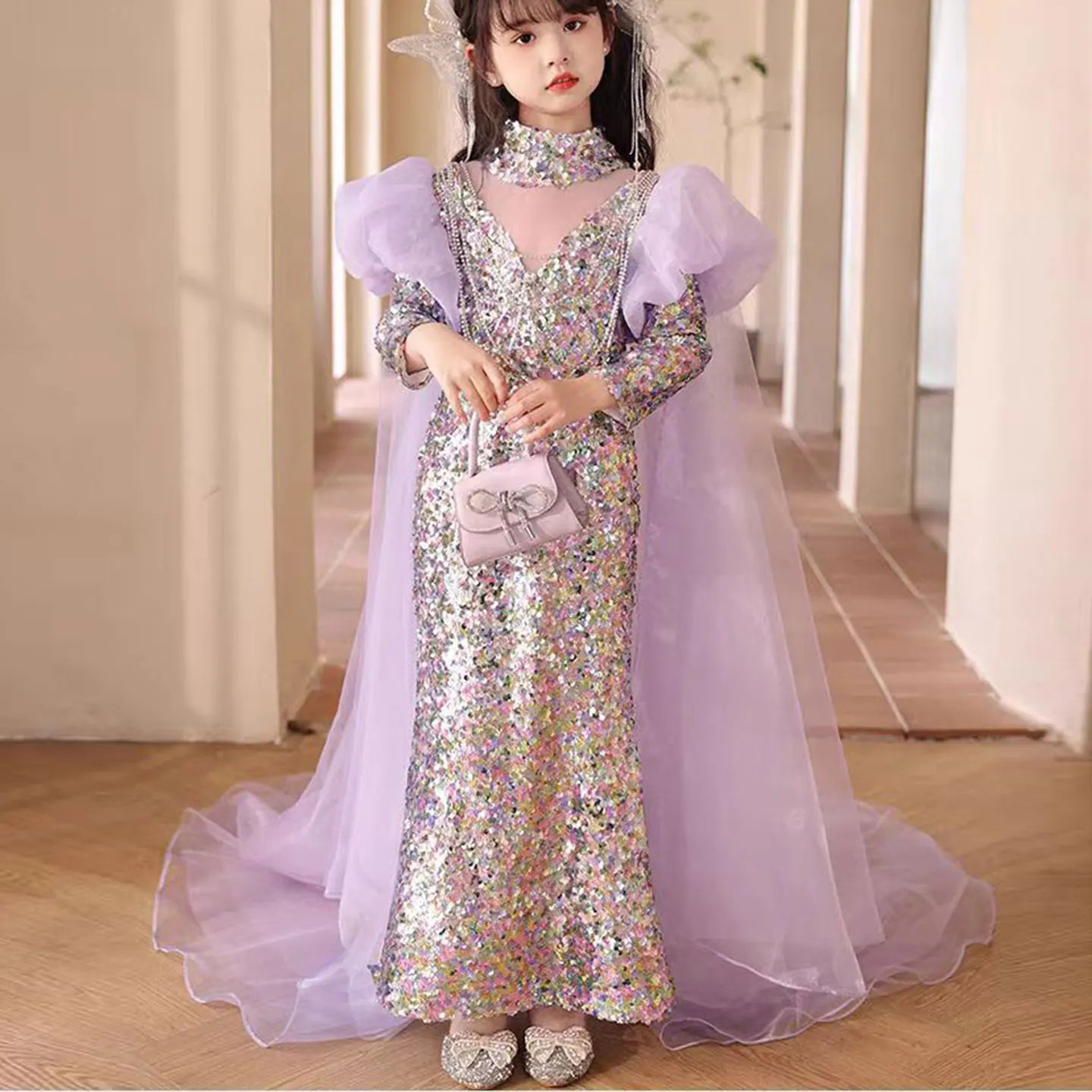 MQTIME - Shiny Lilac Girl Dress Sequined with Cap Kids Princess Gown for Birthday Wedding Holy Communion Party Honors Day J076