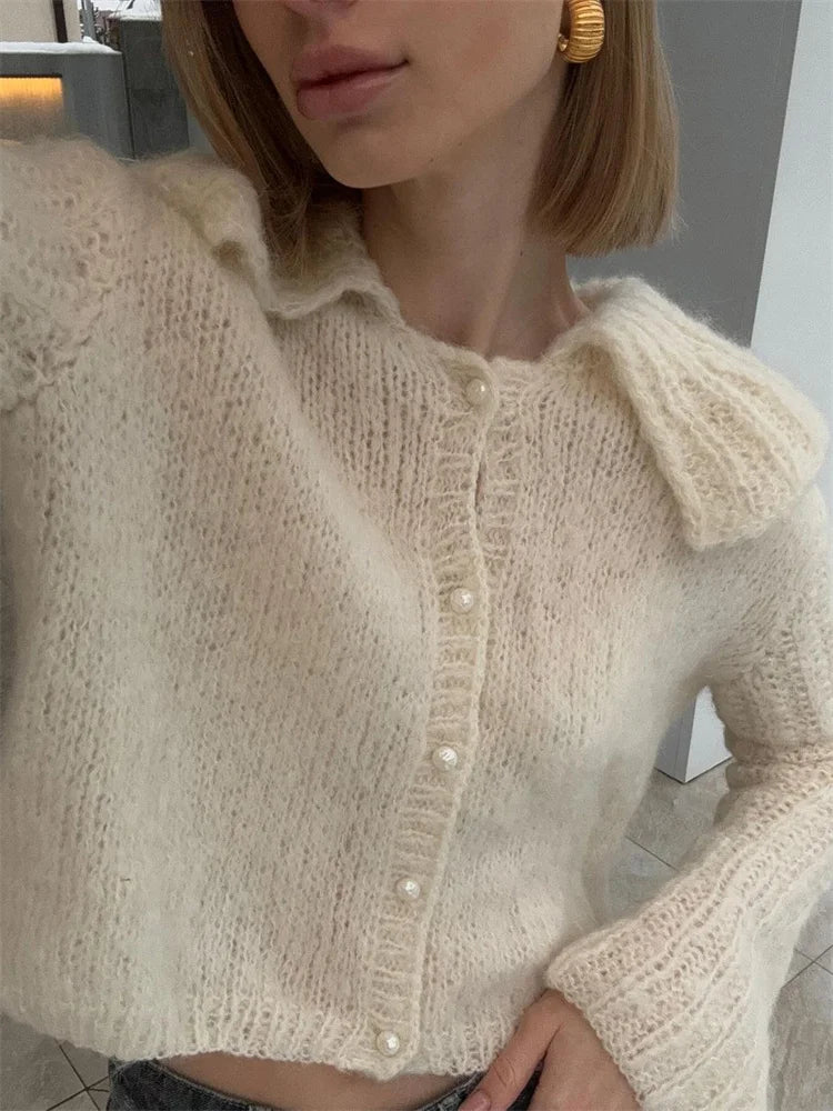 nvxiot - Women's Autumn Sweater Cardigan Casual Long Sleeve Pleated High Waist Loose Cropped Coat Female Y2k Top Solid Cardigan