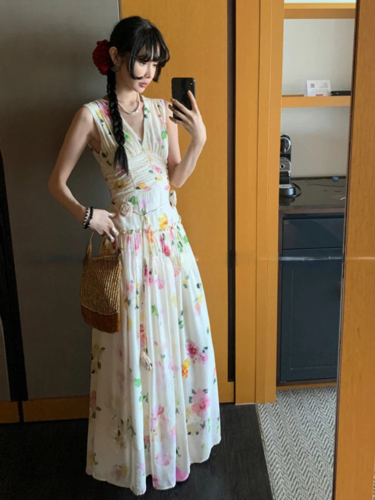MQTIME - Summer Woman Holiday Dress Elegant Floral Midi Dress Beach Style Sexy Sleeveless Dresses Harajuku Outwear Korean Fashion Dress