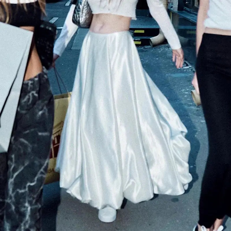 MQTIME - Vintage High Waist Satin Silhouette Outline Flower Bud A-line White Skirt Spring Loose Casual Fluffy Long Skirts for Women