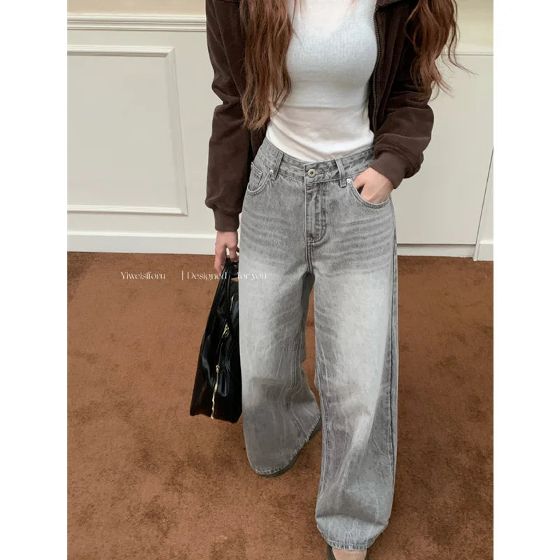 nvxiot - Summer Grey Womens Jeans High Waist Baggy Casual Vintage Y2K Trend Straight Cargo Pants Street American Wide Leg Denim Trouser