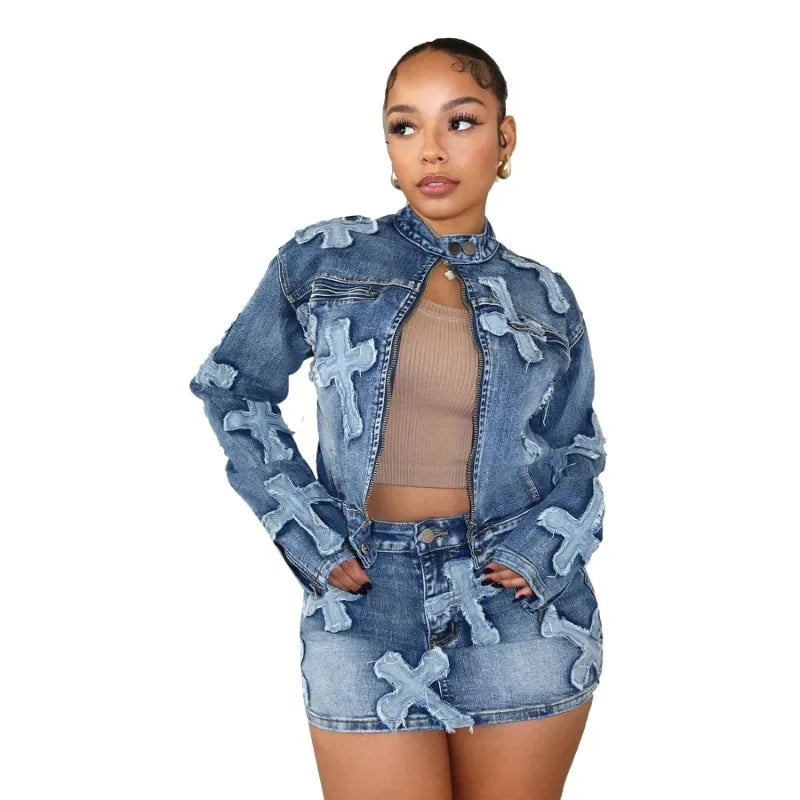 nvxiot - Embroidery Tassel Jeans Two Piece Set Women Stand Collar Long Sleeve Short Jackets Tops Bodycon Mini Skirts Fashion Denim Suits