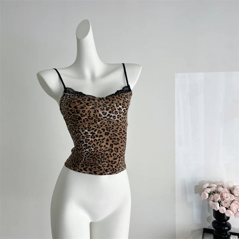 nvxiot - Small leopard print top, slim fit, sexy, sweet girl, short suspender, fashionable and versatile, new spring/summer 2024
