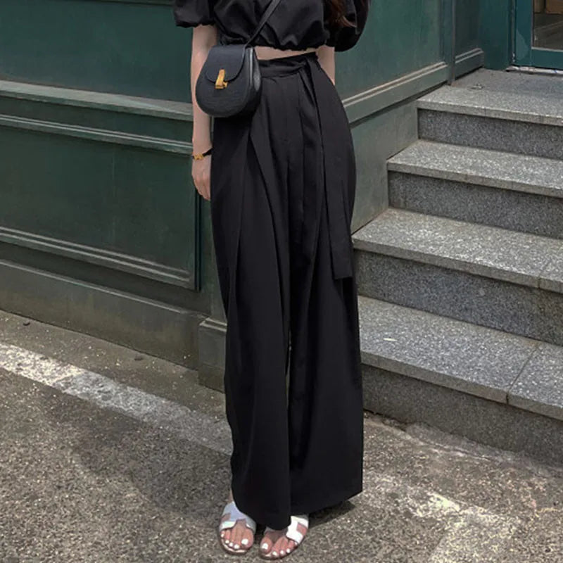 nvxiot - Fashion Women Wide Leg Pants Korea Chic High Waist Loose Mopping Suit Pants Elegant Lady Pleated Belt Strap Black Loose Trousers