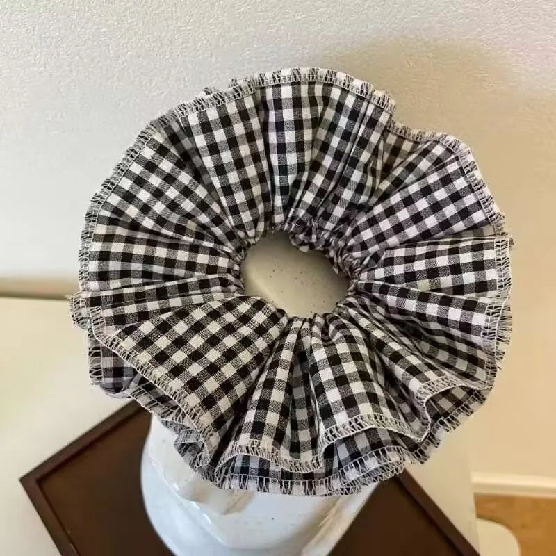 nvxiot - Lace Large Intestine Hair Scrunchies Women Double Layer Plaid Cotton Elastic Headwear Fashion Styling Sweet Hair Accessories