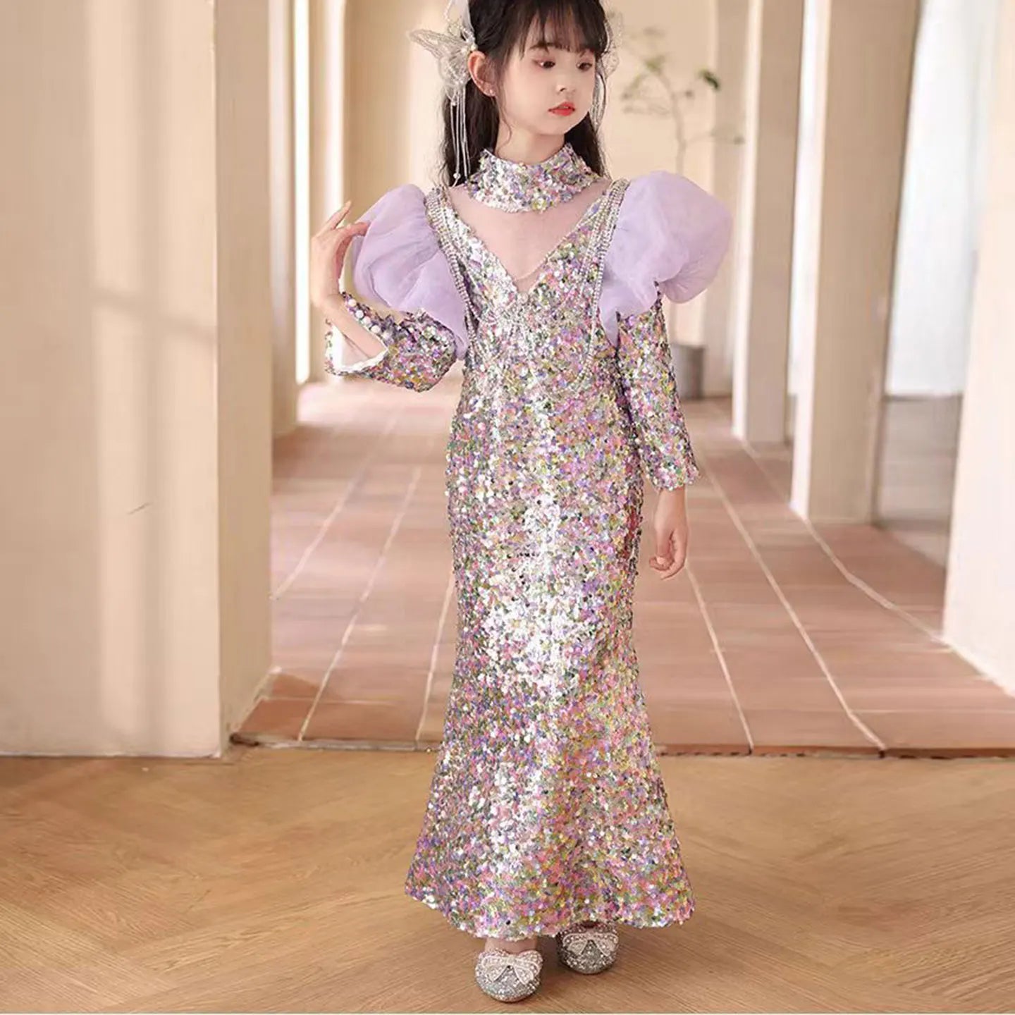 MQTIME - Shiny Lilac Girl Dress Sequined with Cap Kids Princess Gown for Birthday Wedding Holy Communion Party Honors Day J076