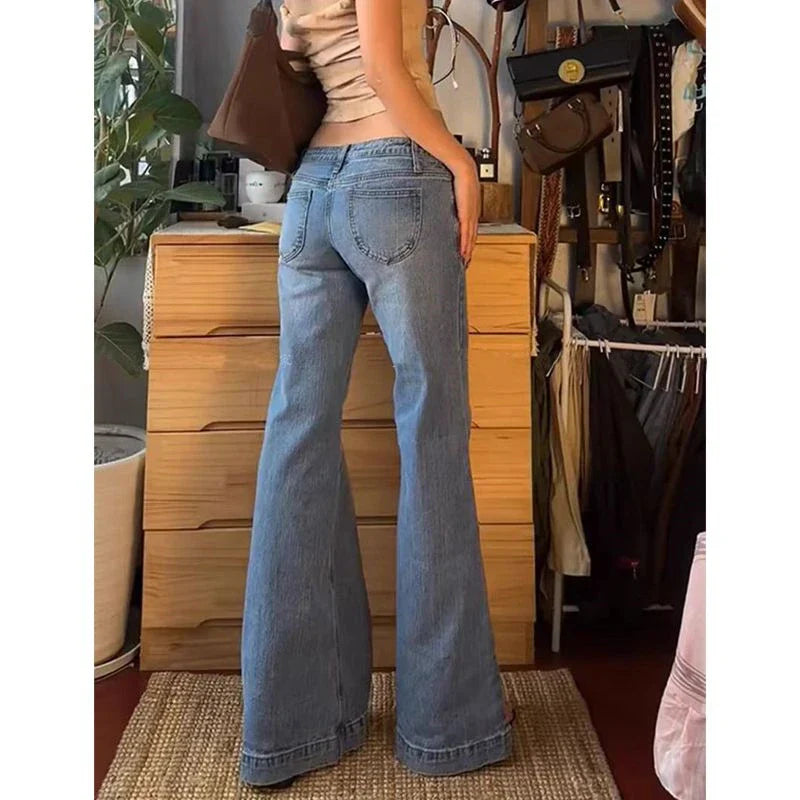 nvxiot - Women's Retro Washed Low Waisted Flared Jeans Summer New Chic Casual Wide-leg Pants Female Sexy Denim Bell-bottoms Trousers