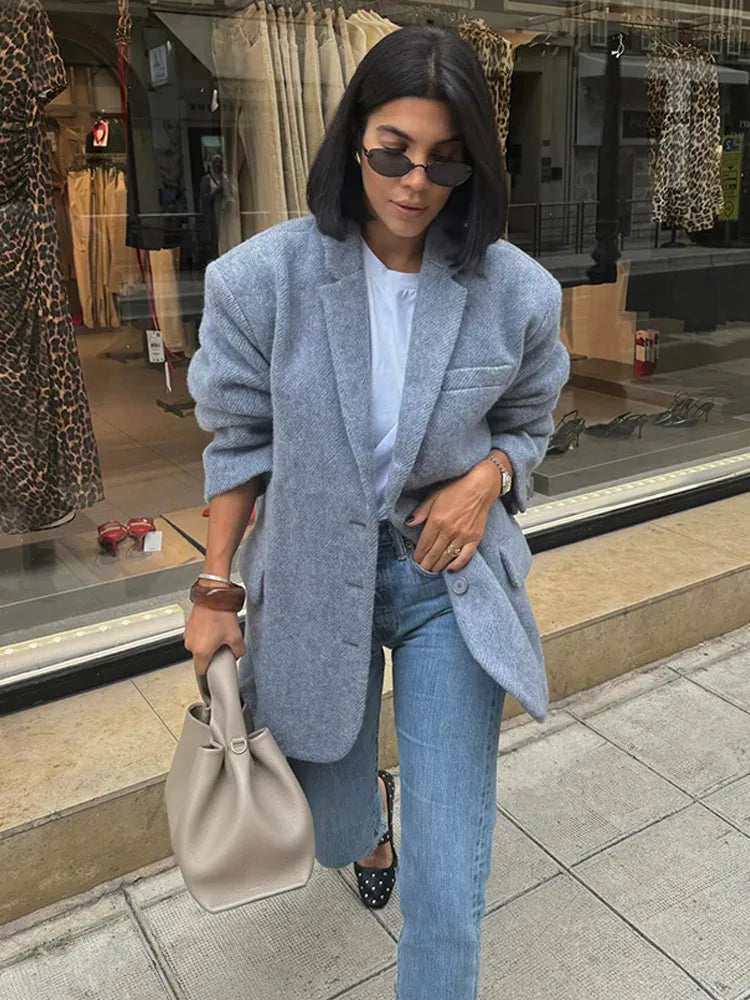 MQTIME - Elegant Single Breasted Woolen Blend Jacket Fashion Women Lapel Long Sleeve Blazer 2024 New Lady Casual Street Commute Outwears