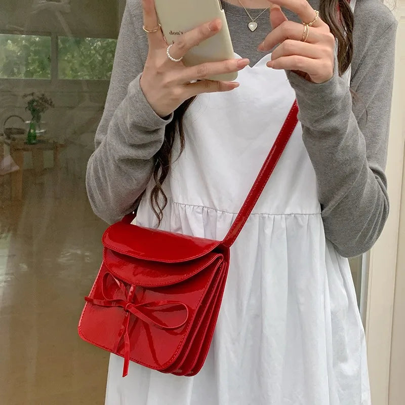 nvxiot - Red Fashion Womens Shoulder Bag Small Vintage Korean Style Elegant Sweet Bow Crossbody Bag Square Designer Ladies Handbag