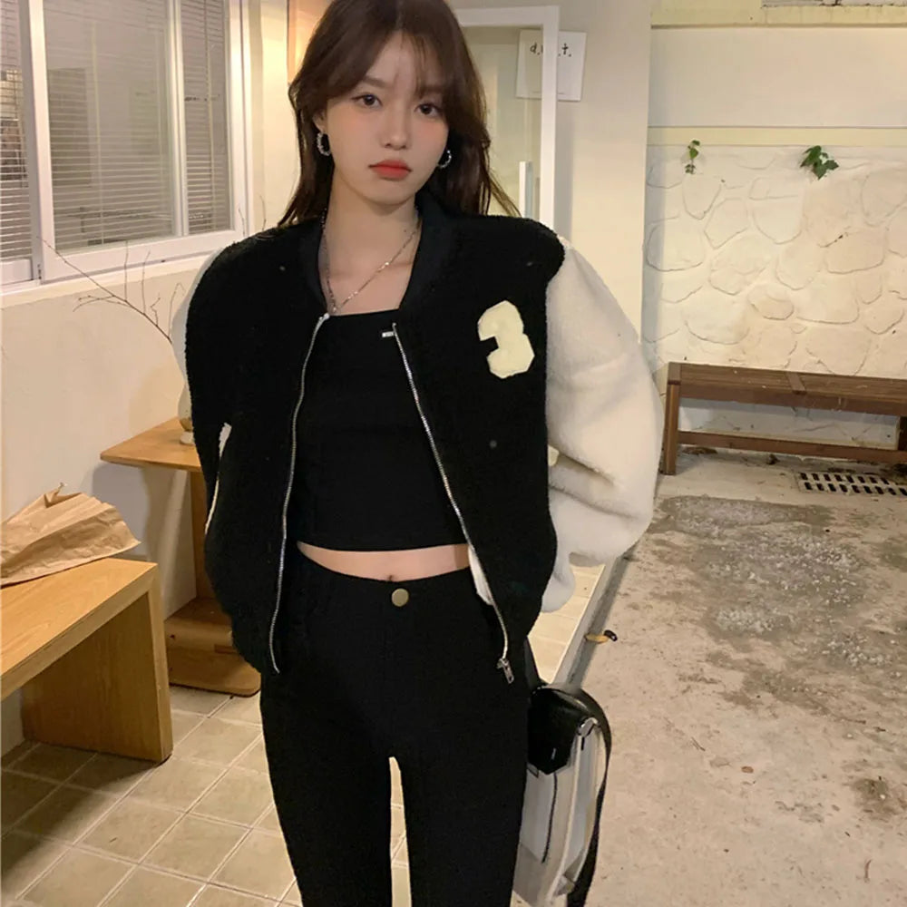 MQTIME - Autumn Winter New Baseball Jackets Fashion Stand Collar Long Sleeve Short Zipper Cardigan Coat Retro Contrast Color Outerwear