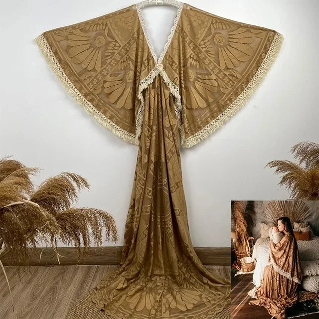 MQTIME - Bohemian Maternity Photography Dress Lace Party Gown Vintage Boho Pregnancy Robe Photo Shoot Prop Clothes