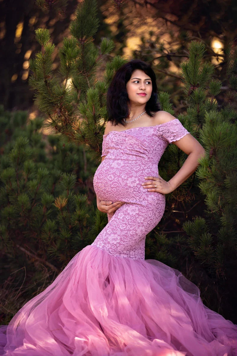 nvxiot - Elegant Mauve Lace Tulle Patchwork Maternity Mermaid Dress Photoshoot Short Sleeved Pregnant Fishtail Dresses Bride Gown