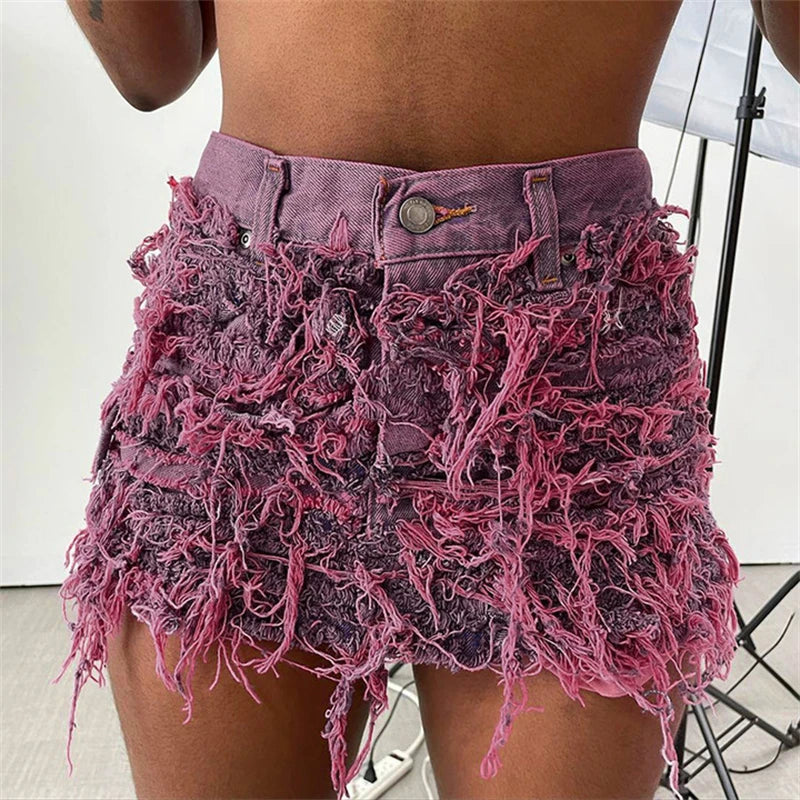 nvxiot - Tassel Holes Denim Mini Skirts Women Fashion Button Fly High Waist Jeans Petticoat Female Y2K Streetwear Wholesale Drop Shipping