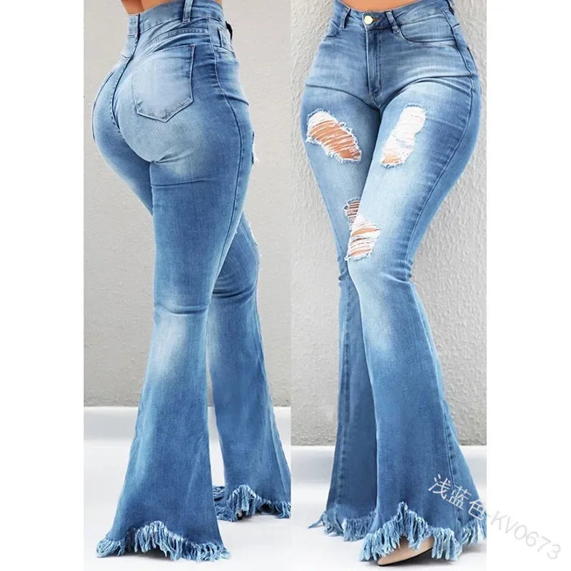 nvxiot - Women Ripped Vintage Fashion All-match Slim Pants Ladies Denim Flare Jeans Denim Skinny Female Wide Leg Hole Trousers Pop