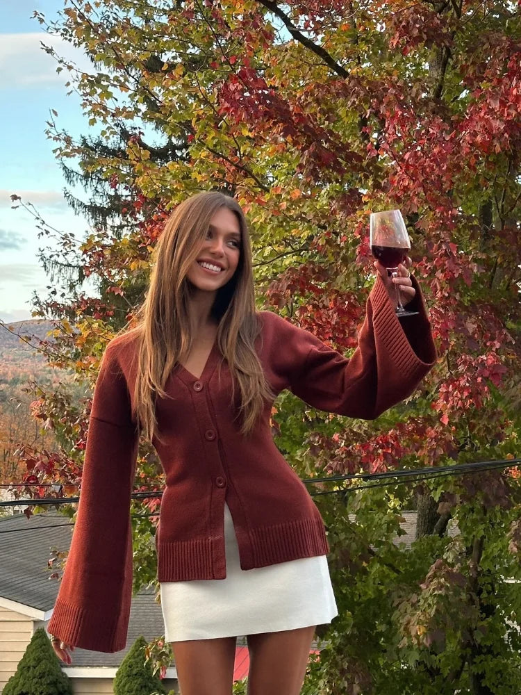 nvxiot - Women's Classic Brown Red V-neck Knitted Cardigan Fashion Single Breasted Loose Long Sleeve Sweater Autumn New Street Knitwear