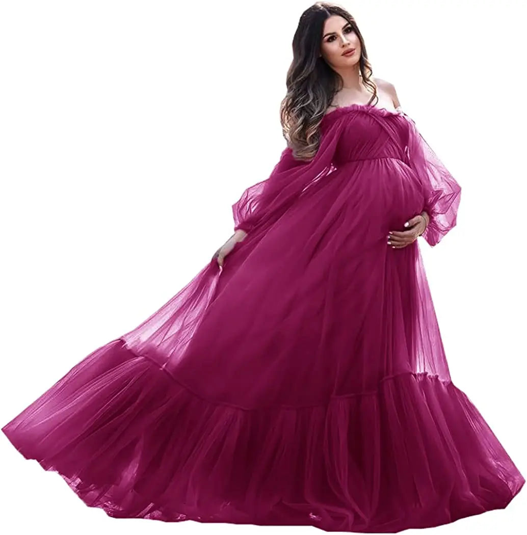 nvxiot - Puffy Sleeve Maternity Dress Tulle Robe With Underskirt for Photoshoot Off Shoulder Pregnancy Baby Shower Gown