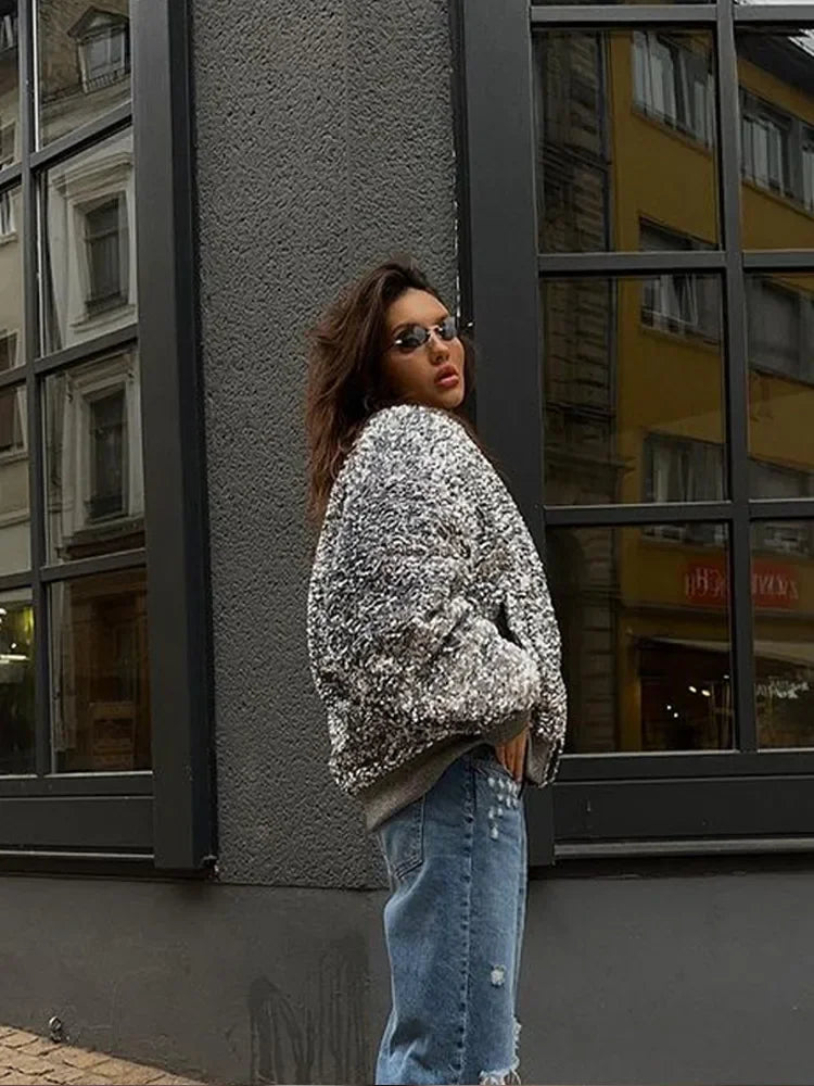 MQTIME - Sequin Bomber Jacket Women Long Sleeve V-neck Single Breasted Pocket Coat Female Autumn Winter Casual Fashion Y2K Streetwear