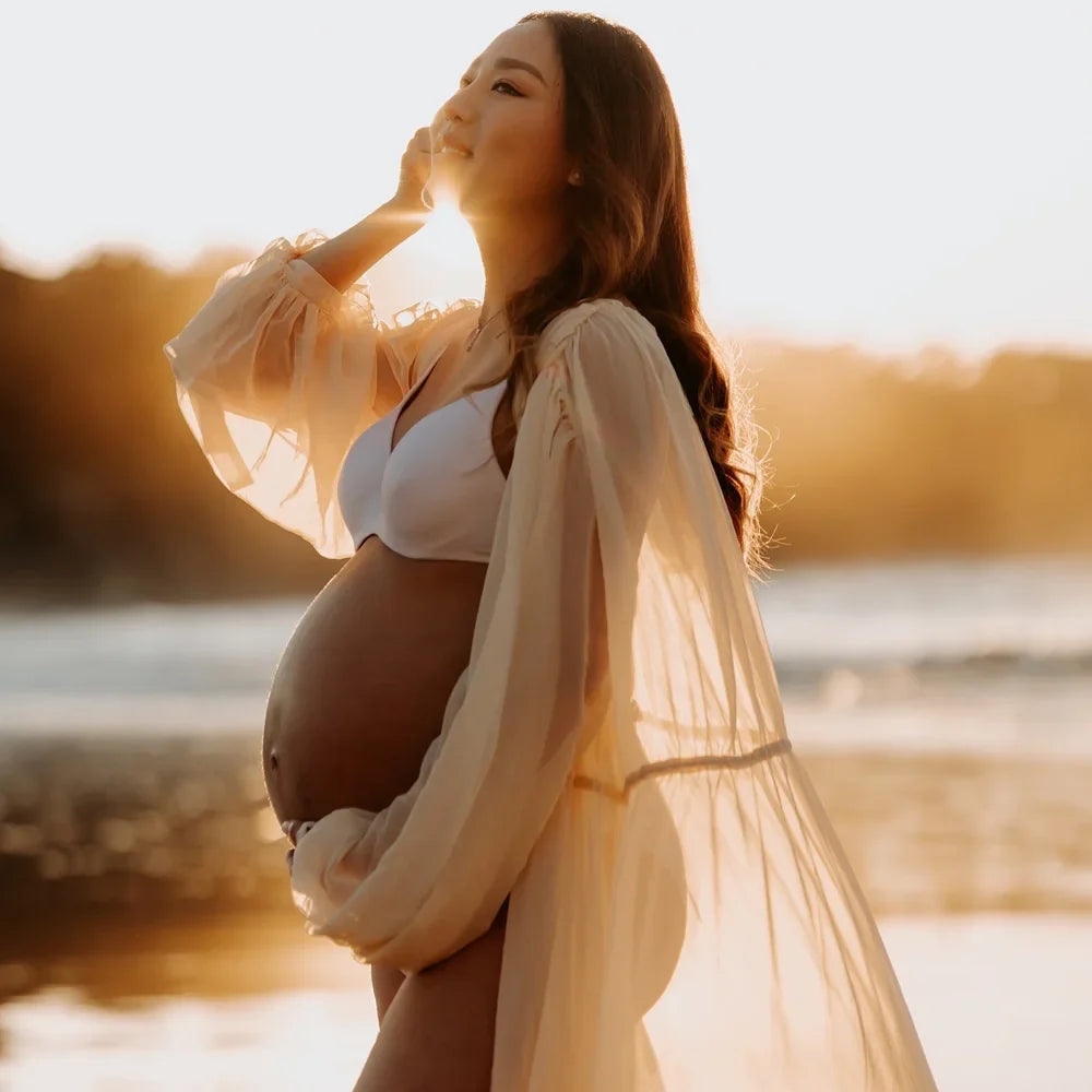 nvxiot - Photography Dress For Women Sexy Transparent Beige Chiffon Beach Robe Maternity Gown For Photo Shoot Boho Style Boho Style Dress