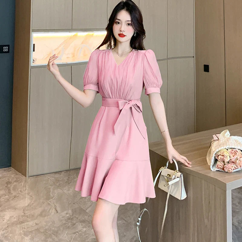 MQTIME - Summer Pink Short Sleeve V-Neck Mini Dress Women Green Elegant Chic Ruffled Mermaid Dress 2024 Solid Bodycon Party Evening Dress