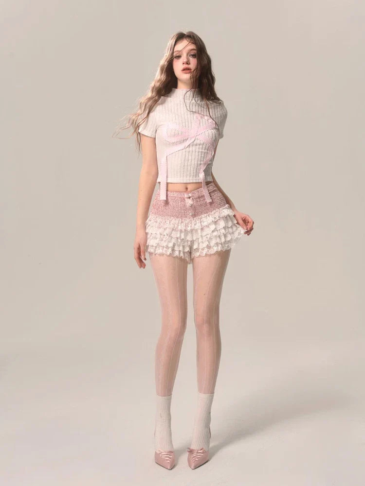 MQTIME - Pink Pearl Ruffles Shorts Skirts Women Kawaii A-line Shorts with Lace Ballet Cutecore Summer Sweet Girl Elastic Bottoms