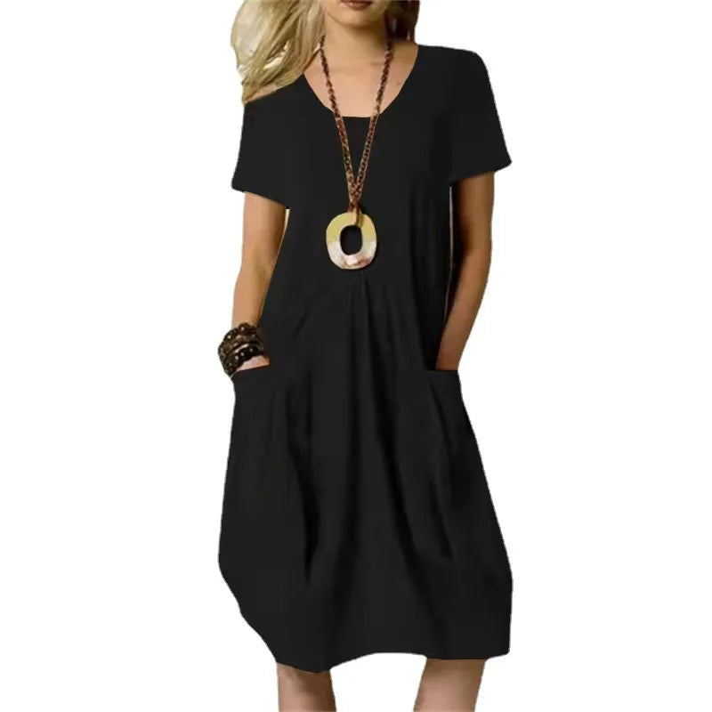 MQTIME - Summer New Cotton And Linen Solid Color Loose Round Neck Short-sleeved Dress Casual Style Long Dress