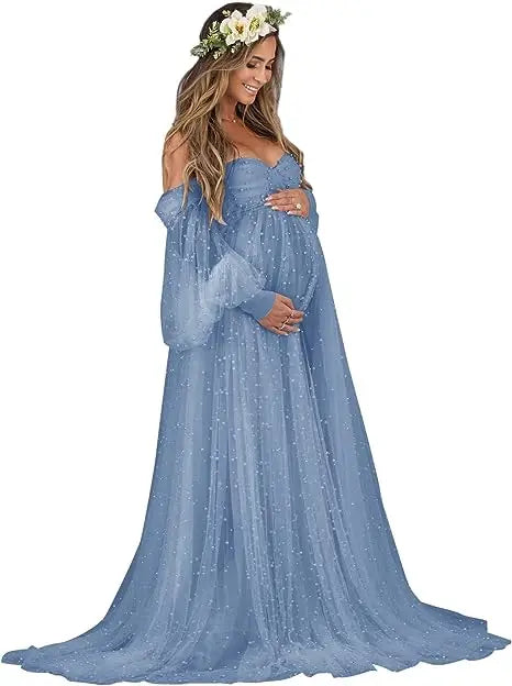 nvxiot - Pearl Tulle Maternity Dress for Photoshoot Long Puffy Sleeve Off Shoulder Babyshower Bridal Pregnancy Gowns