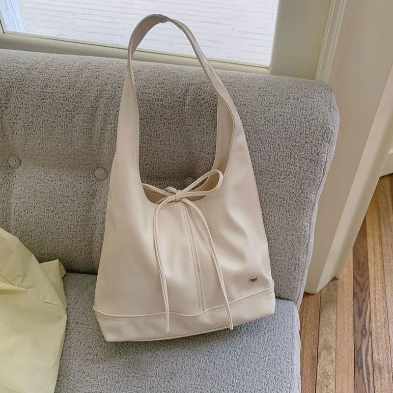 nvxiot - White Elegant Shoulder Bag for Women Korean Style Fashion Solid Color Tote Bag Pu Leather Casual Designer Ladies Handbag