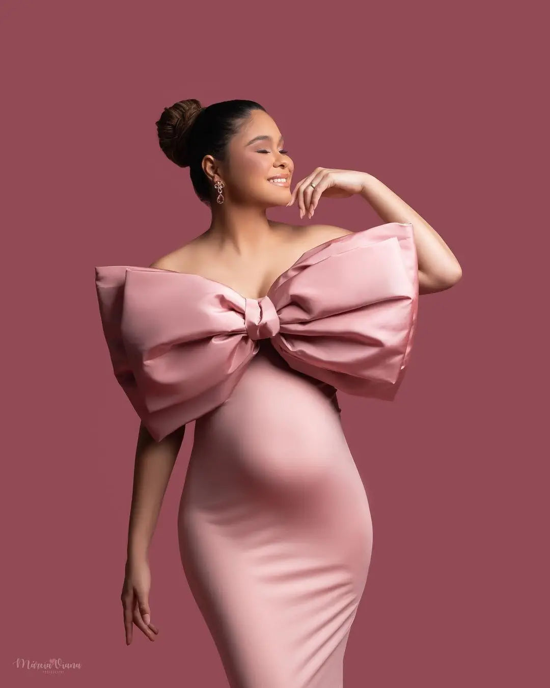 nvxiot - Pink Bow Wedding Maternity Dress for Photoshoot Plus Size Pregnancy Baby Shower Photography Gown for Wedding Guest Custom #18457