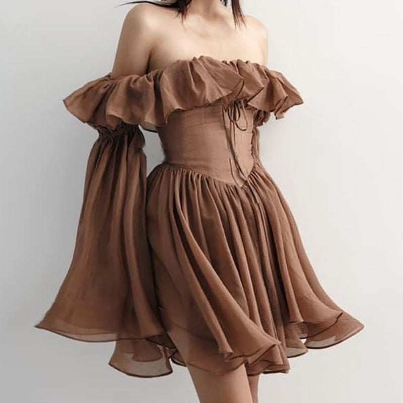 nvxiot Elegant Dresses Female Slash Neck Lace Up Flare Sleeve Patchwork Ruffle Casual Dress for Women Fashion Summer New