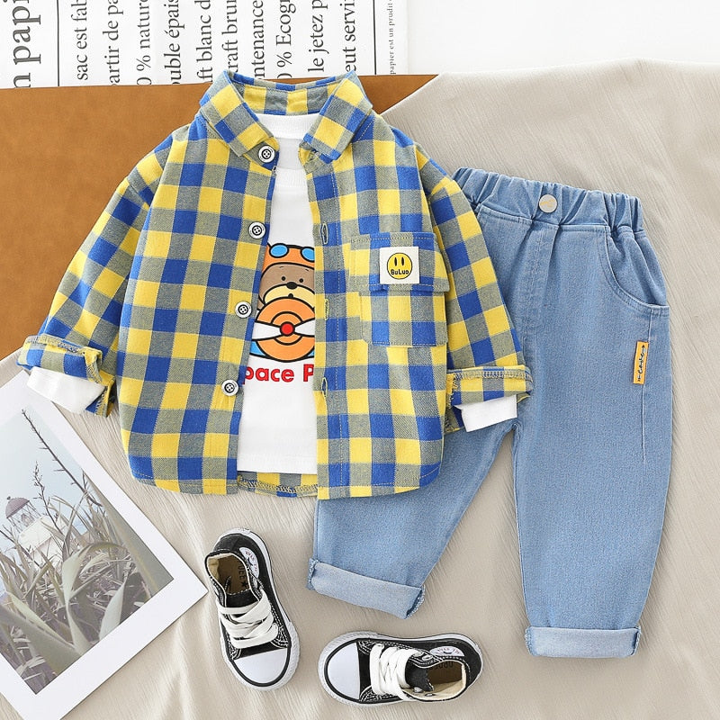 nvxiot Spring Autumn Children Boys 3PCS Clothing Set Plaid Shirts Cartoon Printed Sweatshirts Jeans Pants Baby Clothes Set