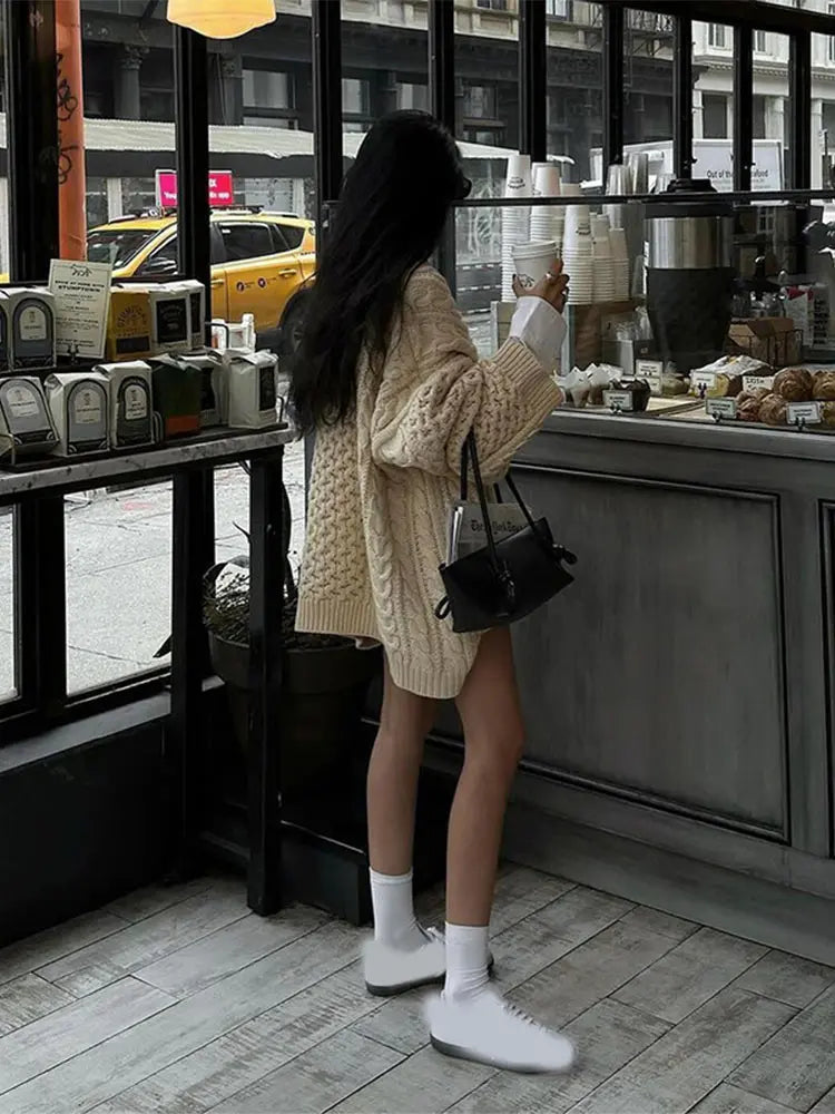 MQTIME - Women Overtised Loose Solid Long Sleeve Knit Cardigan Elegant O Neck Short Sweaters 2024 Autumn Lady High Streetwear