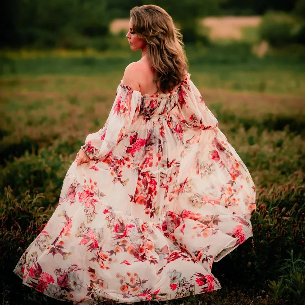 nvxiot - Photoshoot Dress For Women Floral chiffon Two-Piece Long Sleeved&Short Sleeved Short Top Maternity Dresses For Baby Showers