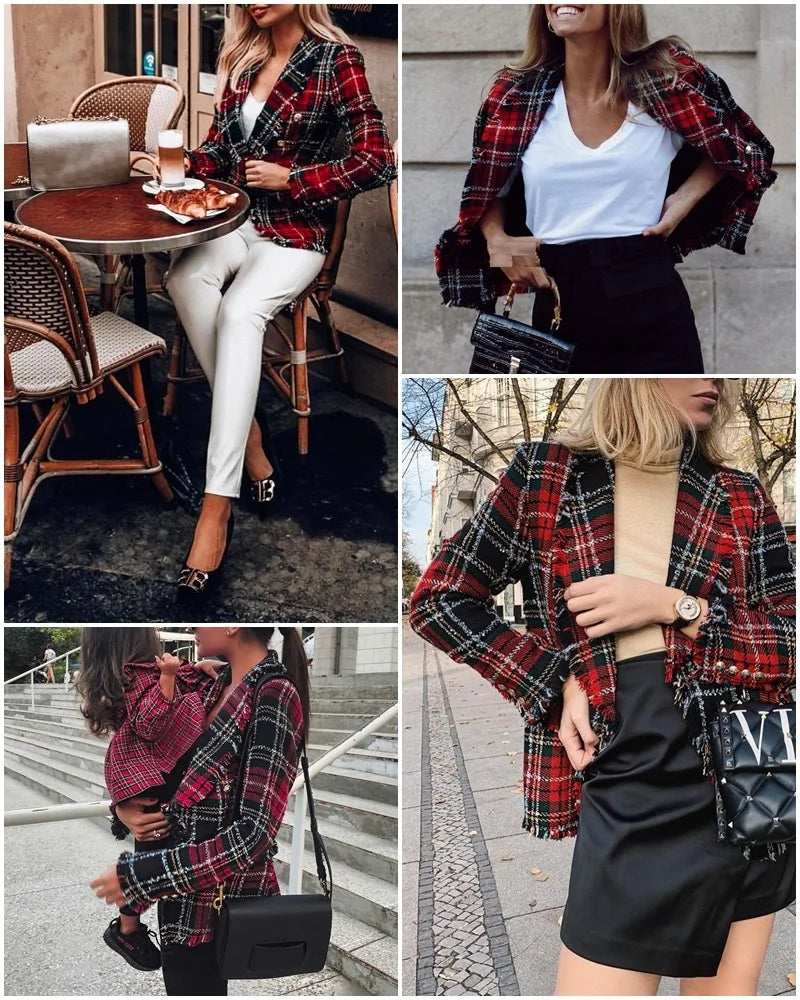 MQTIME - New Red Plaid Jacket 2024 Women Spring-Autumn Retro Tweed Suits Jackets Office Ladies Vintage Chic Slim Coats Girls Tops Coat
