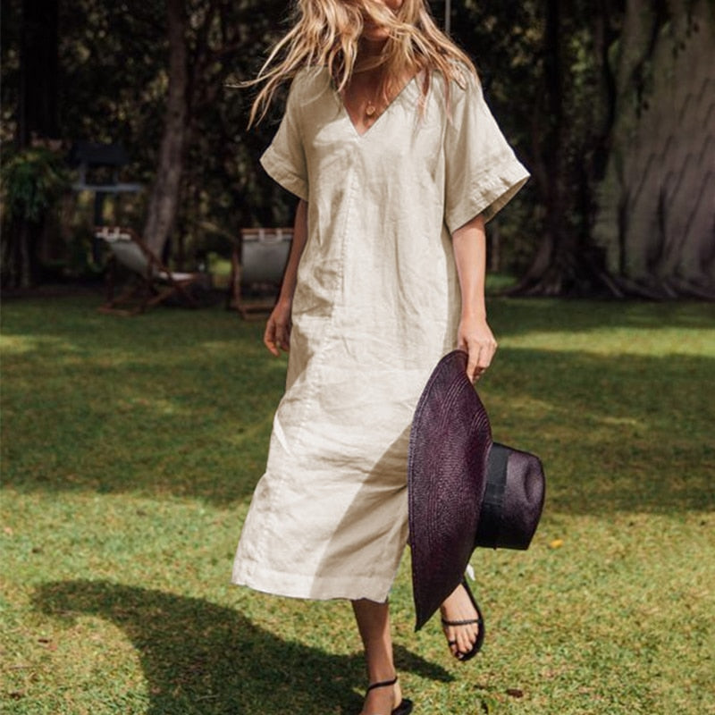 nvxiot Cotton Linen Women'S Summer Dress Sexy V-Neck Short Sleeve Open Side Back Hollow Out Harajuku Long Party Dresses Vestidos