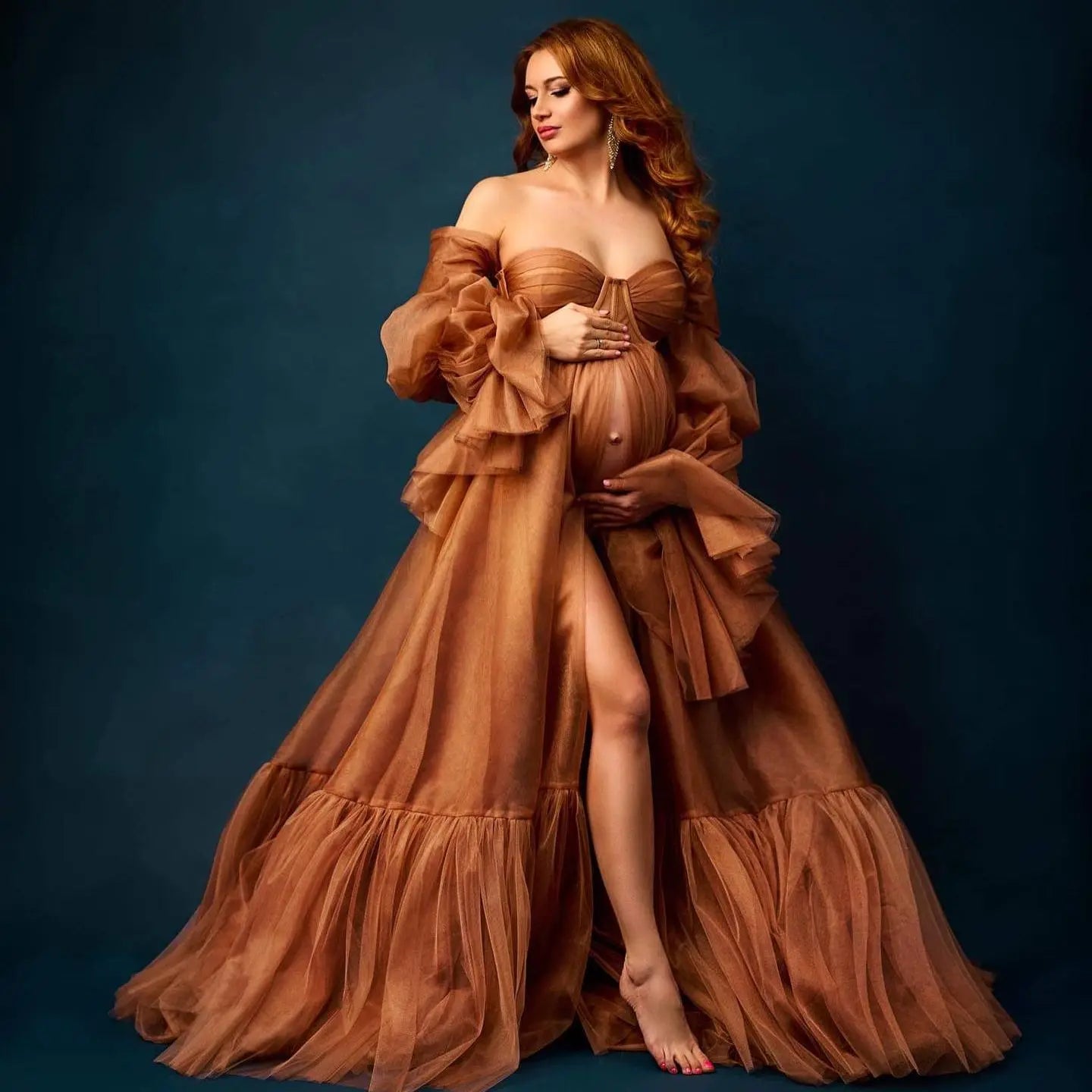 nvxiot - Vintage Brass Tulle Open Front Pregnant Women's Photography Dress with Puff Sleeves Off Shoulder Maternity Gown for Photoshoot
