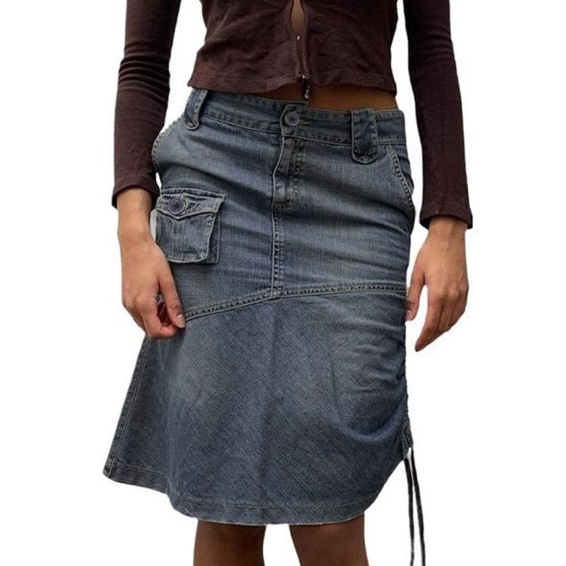 nvxiot Vintage Denim Jeans Skirt Women Autumn High Street Casual Drawstring Pleated Pocket Midi Skirts Bottoms Y2K Clothing
