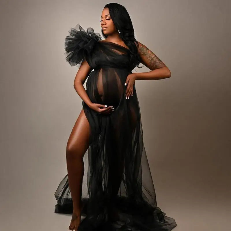 nvxiot - Sexy One Shoulder Maternity Women Photography Props Dress Premama Solid Tulle Mesh Maxi Baby Shower Gowns For Pregnancy Clothing