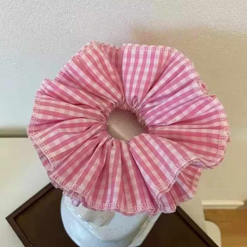 nvxiot - Lace Large Intestine Hair Scrunchies Women Double Layer Plaid Cotton Elastic Headwear Fashion Styling Sweet Hair Accessories