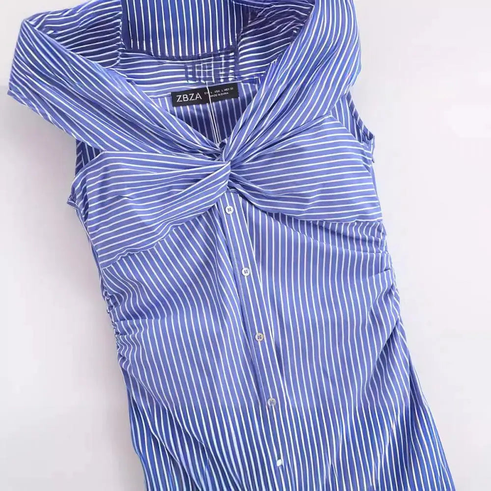 MQTIME - Summer Stripe Off Shoulder Long Dress Casual Sleeveless Single Breasted Dresses V-Neck Pleated Versatile Vestidos for Streetwear