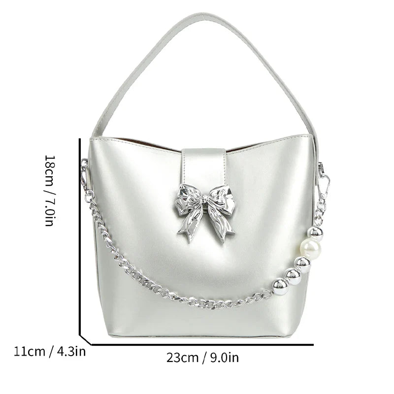 nvxiot - Spring/Summer 2024 new, solid color PU women's shoulder bag, silver bow decoration, fashion trend