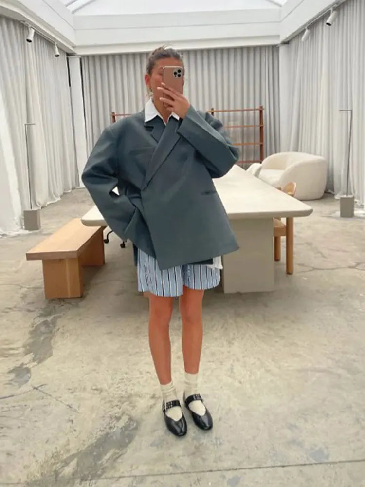 MQTIME - Chic Gray Lapel Button Suit Jacket For Women Elegant Loose Long Sleeves Office Coat 2024 New Female High Streetwear Outercoat