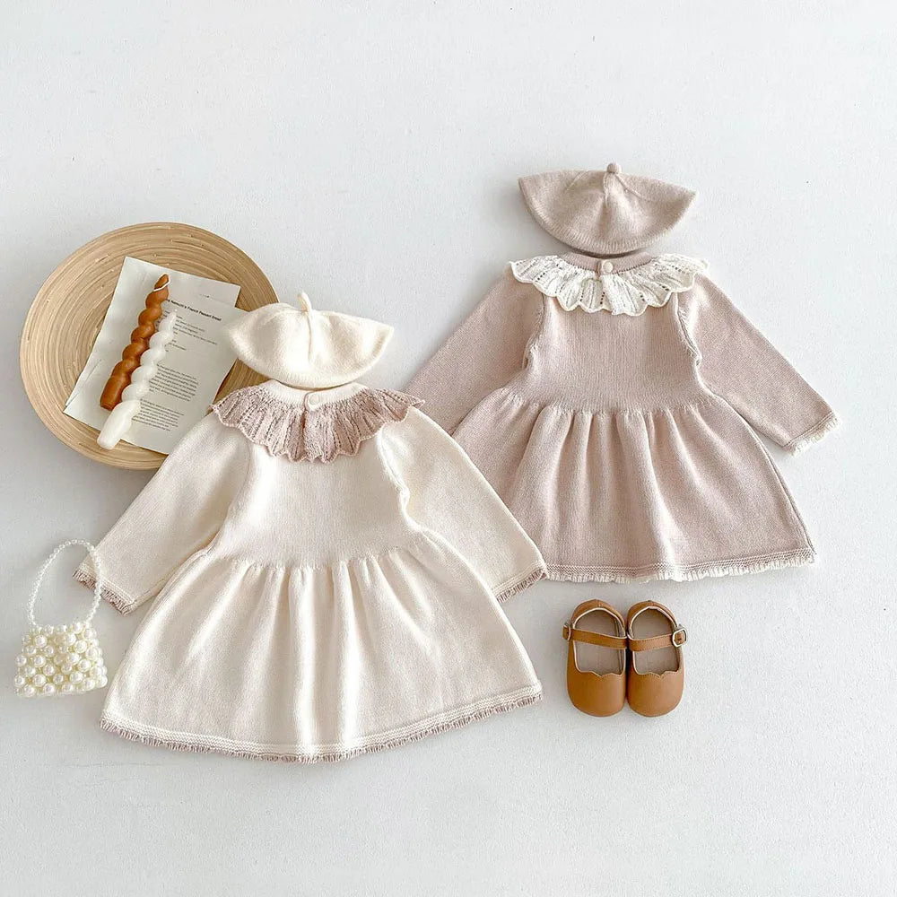 MQTIME - New 2024 Autumn Girl's Knitted Dress Children's Sweet Lotus Leaf Collar Sweater A-line Princess Dress Kid's Clothing