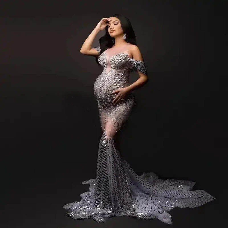 nvxiot - New Arrivals Elegant Shiny Rhinestones Off Shoulder Sexy Maternity Shoot Dress Sequin Fishtail Robe De Soiree