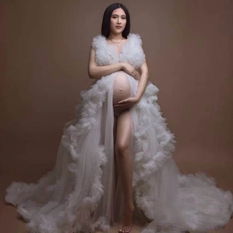nvxiot - Tiffany Maternity Dress/ Ruffle Tulle Dress Photo Shoot Dress//Adjustable Waist Maternity Dress//Custom Color/Skirt Slit
