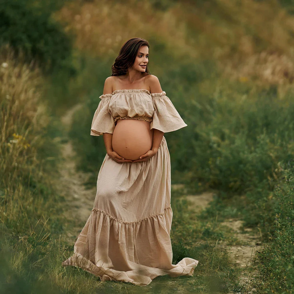 nvxiot - Women Boho Dress Comfortable Linen Cotton Maternity Clothing Vintage Short Sleeve Dress For Pregnancy Photo Shoot