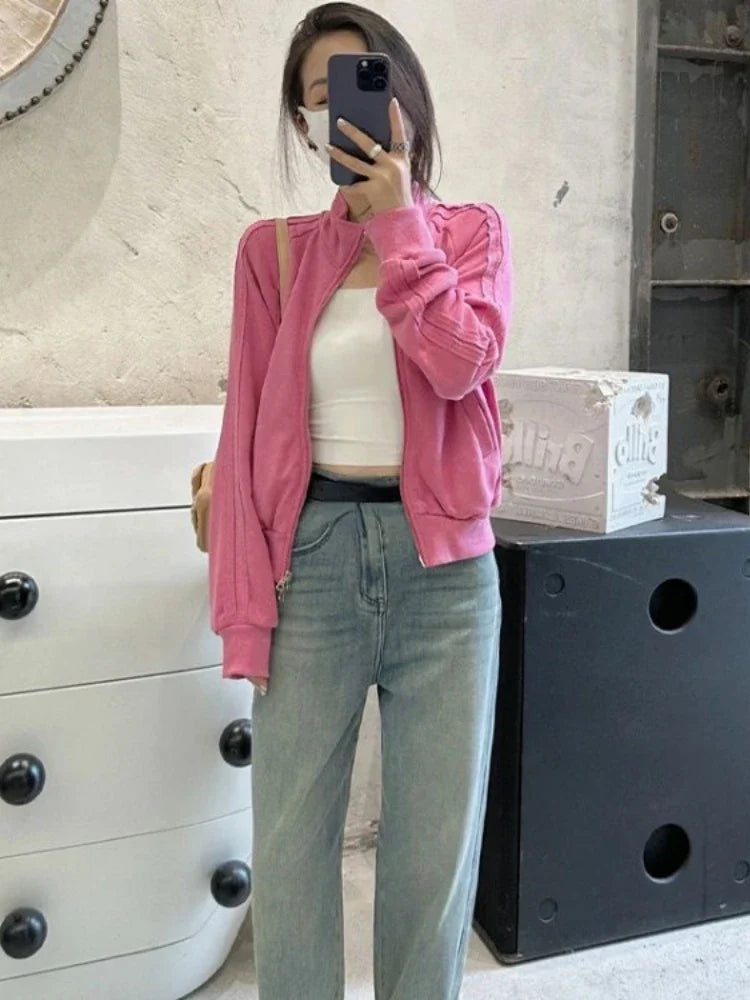 nvxiot - Womens Casual Vintage Pink Jackets Fashion Korean Double Zipper Jacket Chaquetas Loose All Match Pink Y2k Aesthetic Coats